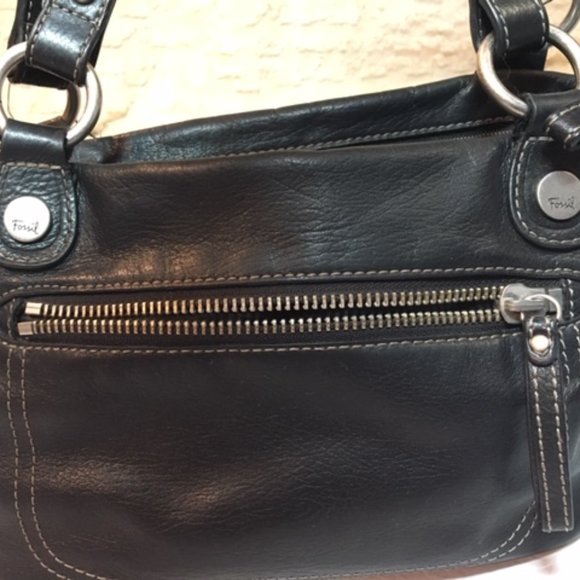 FOSSIL Black Super Soft Leather Satchel Zip Handbag Dbl Strap 13"x10" - Picture 8 of 16